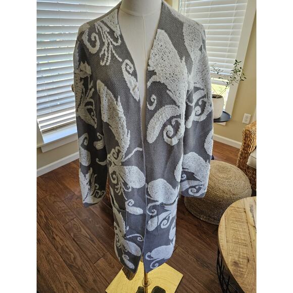 Liz Claiborne Paisley Crochet Long Duster Cardigan Sweater Boho Size L Pockets - Picture 1 of 8